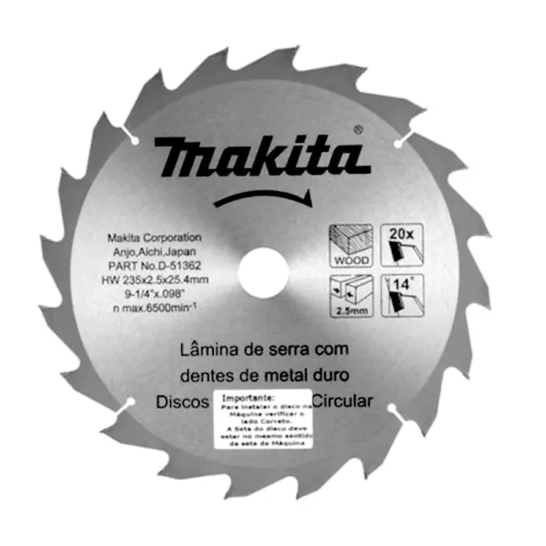 Disco Sierra MAKITA D-51362 235 X 25.4mm 20 Dientes