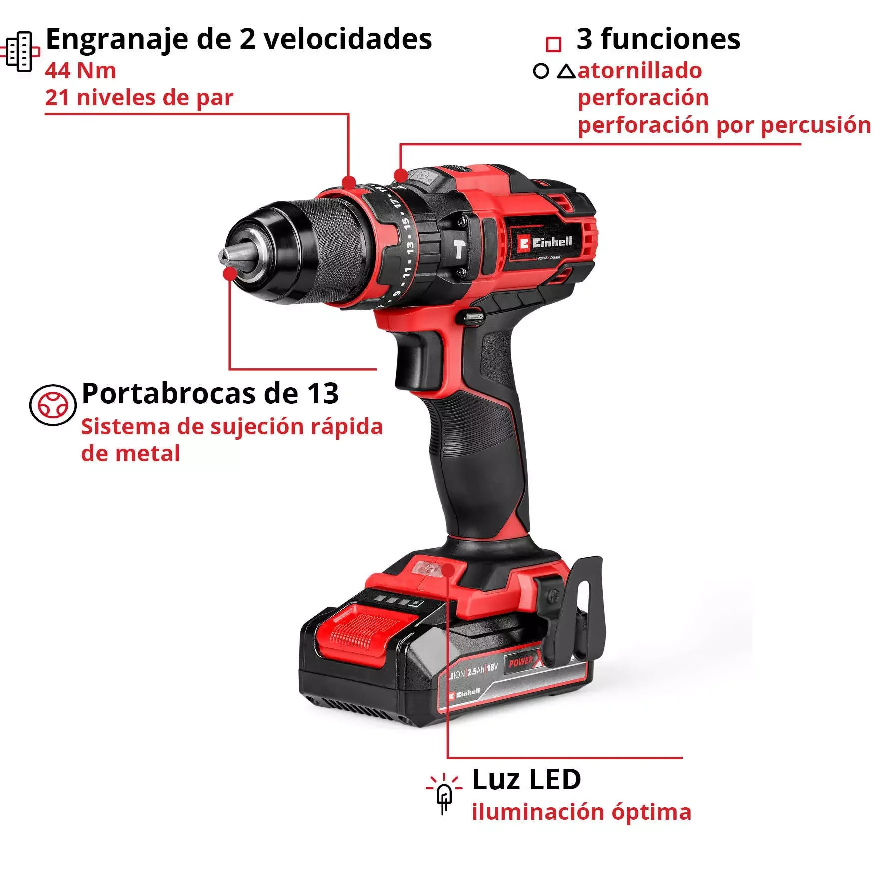 Taladro Percutor Inalambrico EINHELL TE-CD 18/44LI  c/ Batería